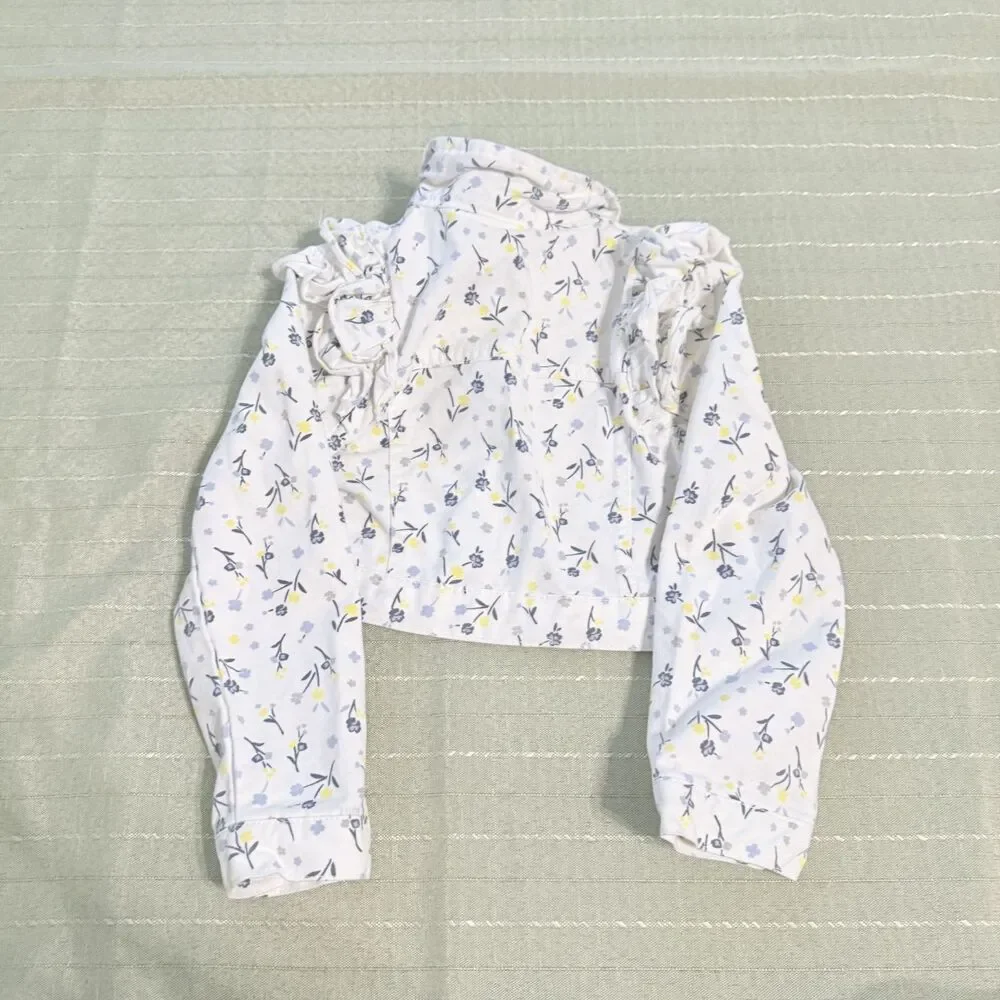 Little Lass Girls Button Up Jacket White Blue Florals Size 6 Great Conditoin